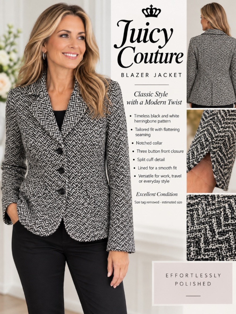 Juicy Couture Black & White Textured Herringbone Blazer Jacket
